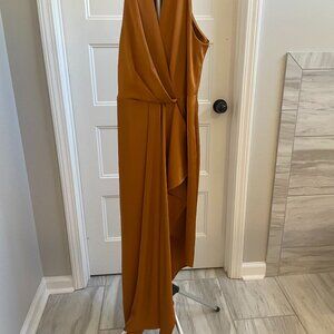 Alex Marie Halter Neck Sleeveless Draped Asymmetrical Hem Satin Dress